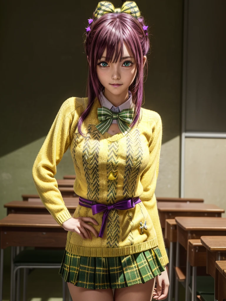Momodebilke, Deviluke Type, demon tail, Hair Flower, hair ornaments, (Purple eyes:1.1), Pink Hair, short hair, tail, smile,
break demon tail, green skirt, Plaid, Plaid skirt, Sainan High , , skirt, Sweater vest, Knee socks, (Yellow Sweater:1.5), Short sleeve, bow, (green bow:1.5),
break indoors, classroom,
break looking at viewer, (Cowboy Shot:1.5),
break (masterpiece:1.2), Highest quality, High resolution, unity 8k wallpaper, (figure:0.8), (beautiful detailed eyes:1.6), extremely detailed face, Perfect lighting, extremely detailed CG, (Perfect hands, Perfect Anatomy),