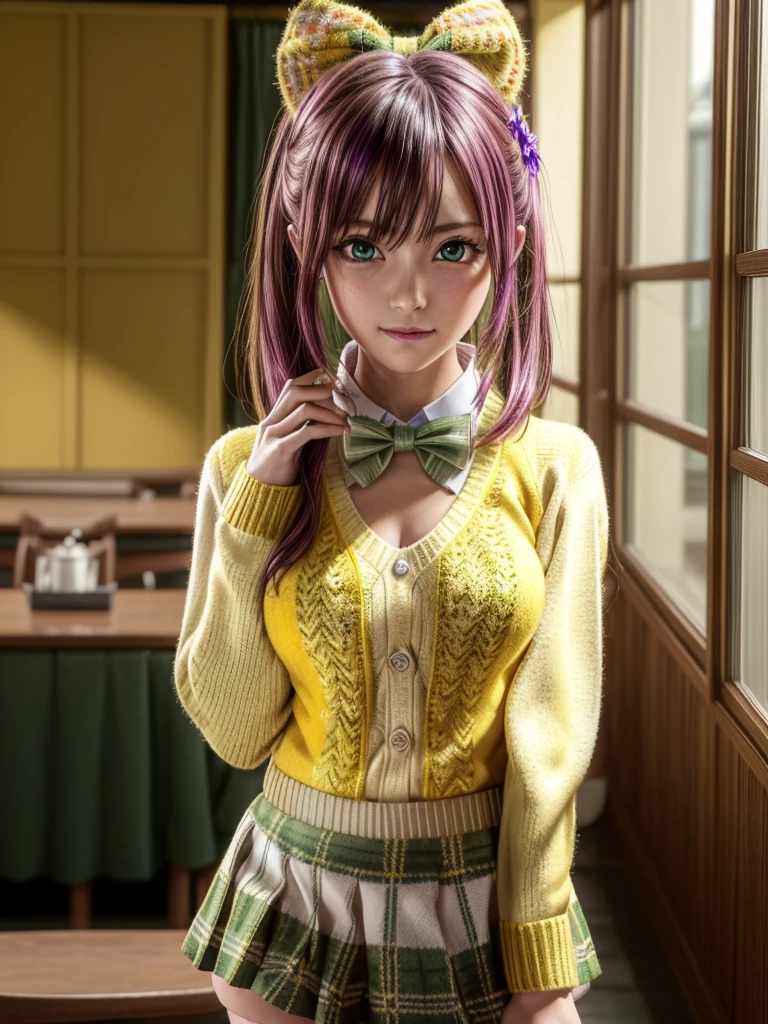 Momodebilke, Deviluke Type, demon tail, Hair Flower, hair ornaments, (Purple eyes:1.1), Pink Hair, short hair, tail, smile,
break demon tail, green skirt, Plaid, Plaid skirt, Sainan High , , skirt, Sweater vest, Knee socks, (Yellow Sweater:1.5), Short sleeve, bow, (green bow:1.5),
break indoors, classroom,
break looking at viewer, (Cowboy Shot:1.5),
break (masterpiece:1.2), Highest quality, High resolution, unity 8k wallpaper, (figure:0.8), (beautiful detailed eyes:1.6), extremely detailed face, Perfect lighting, extremely detailed CG, (Perfect hands, Perfect Anatomy),