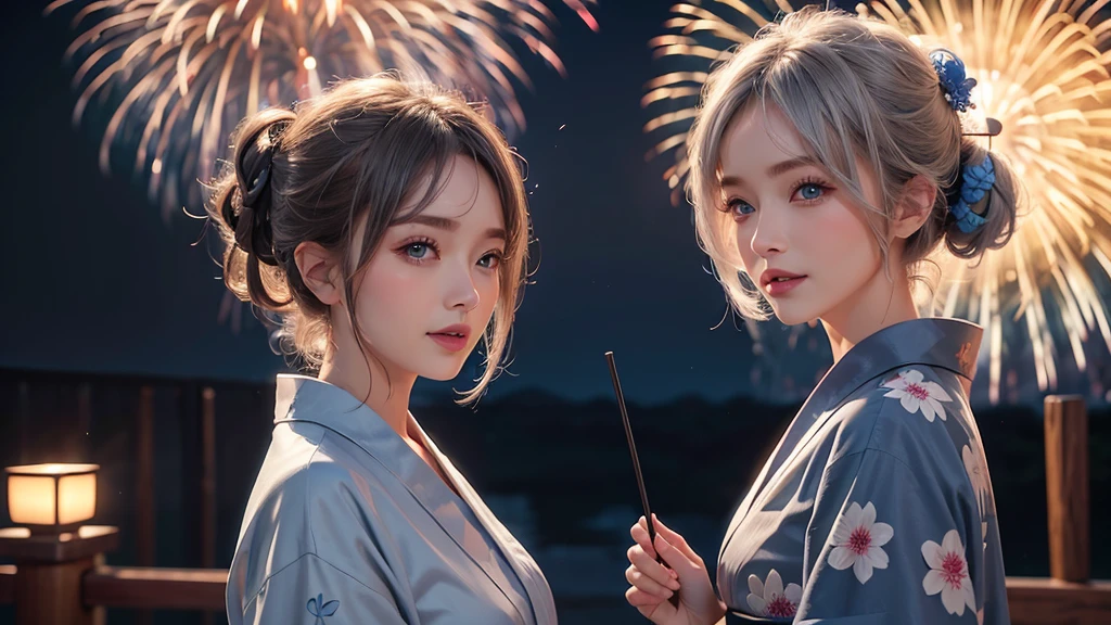 8k,Beautiful single woman,Gray Hair,Shortcuts,Perm,Blue Eyes,Summer Nights in Japan,Fantastic fireworks,Traditional Japan yukata