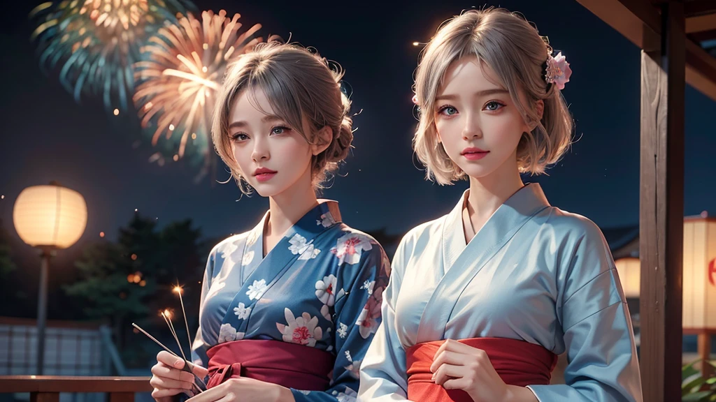 8k,Beautiful single woman,Gray Hair,Shortcuts,Perm,Blue Eyes,Summer Nights in Japan,Fantastic fireworks,Traditional Japan yukata