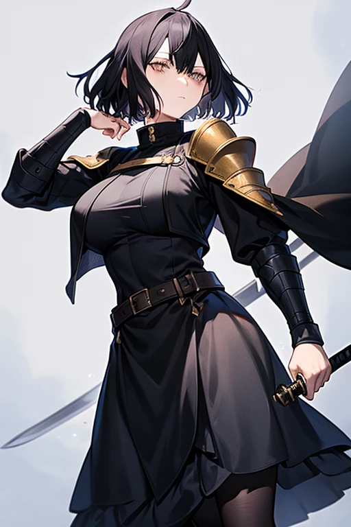 black hair, plainclothes sword, armor dress, big tits, masterpiece, highest quality, holding a sword, gray eyes