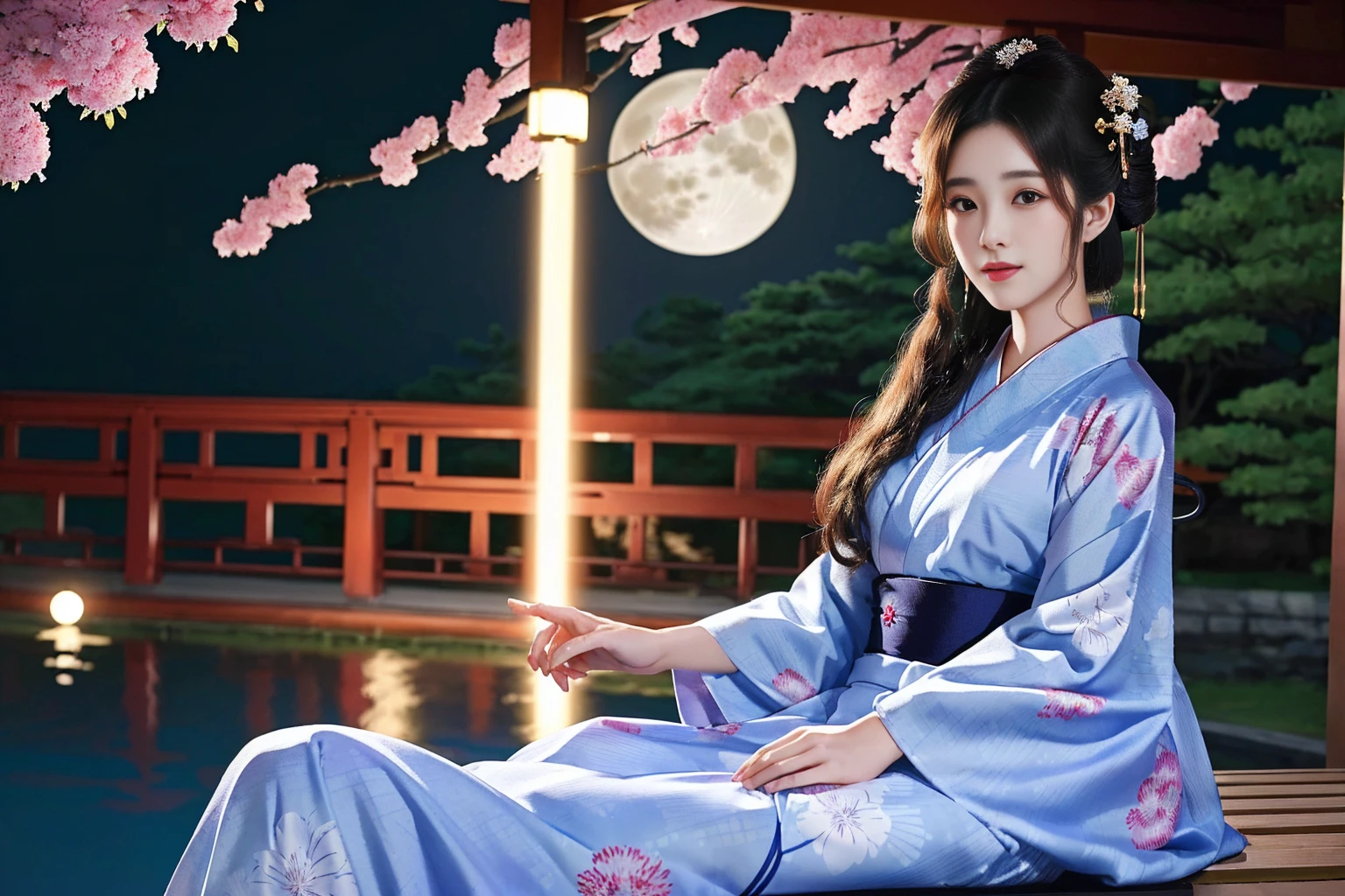 Highest quality　masterpiece　Beautiful woman wearing a yukata　Susukino hairpin　Photo style　Fantasy　Background with full moon and pale