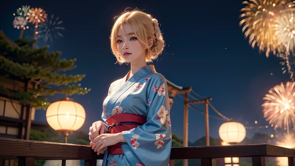 8k,Beautiful single woman,blonde,Shortcuts,Perm,Blue Eyes,Summer Nights in Japan,Fantastic fireworks,Traditional Japan yukata