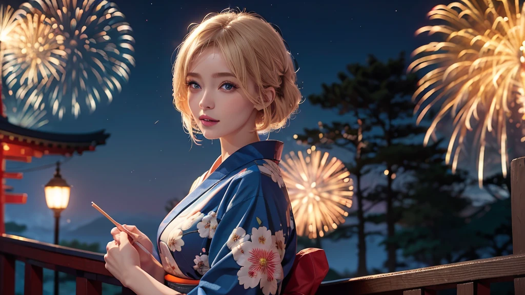 8k,Beautiful single woman，blonde，Shortcuts，Perm,Blue Eyes，Summer Nights in Japan，Fantastic fireworks，Traditional Japan yukata