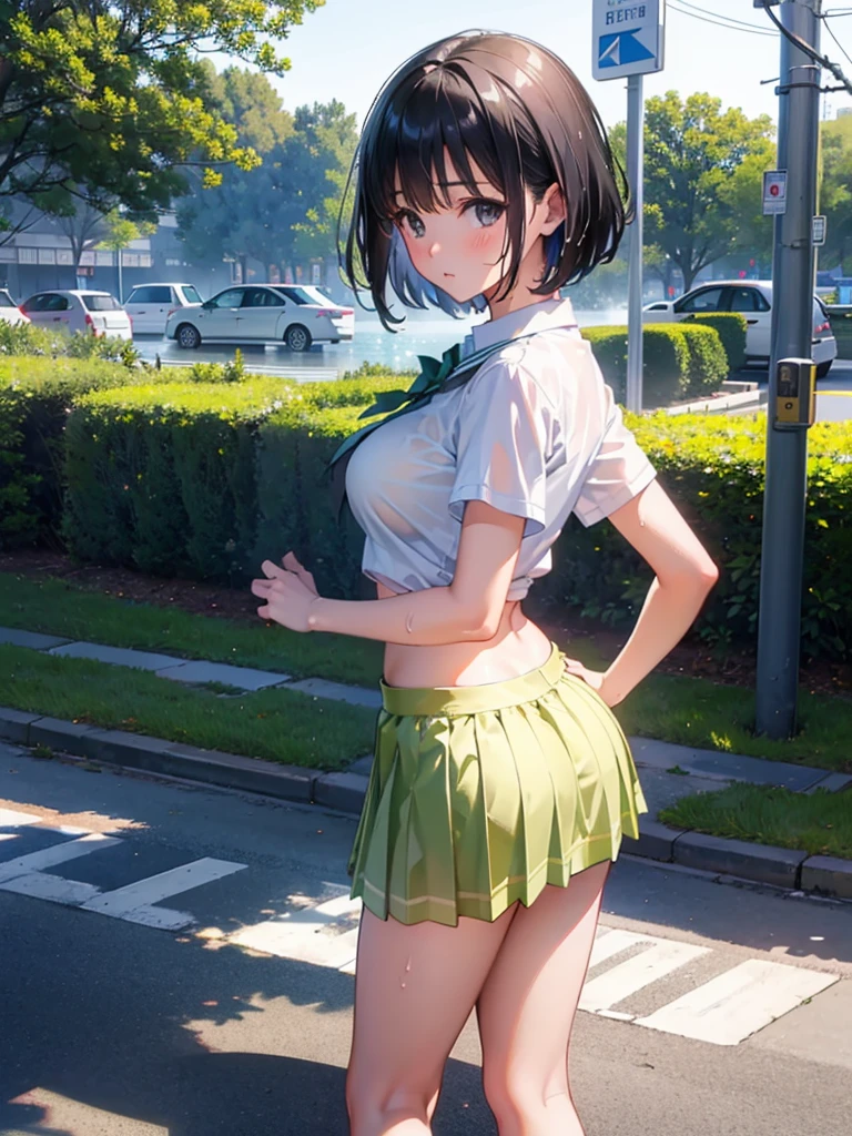 8k, Mastepiece, Anime, HD, Ultra High Resolution, Top Quality, beautiful lady, detailed skin texture, detailed face, medium breast, tall, waist, sitting, standing in the backyard, slim body, blue eyes, camisole, skirt, nfsw, skirtlift