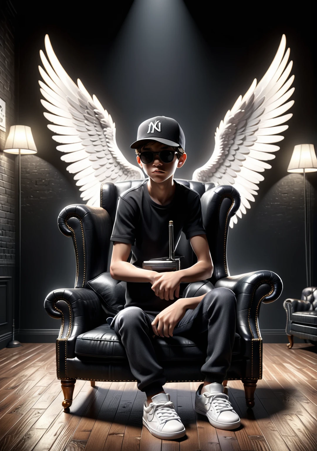 Create a 3D illusion for a whatsapp profile picture where a boy in a black shirt sits casually on a Wingback Chair. Wearing sneakers ,a black cricket cap, and sunglasses, he looks ahead. The background features name "Eduam " in big and capital white fonts on the black wall.
There should not be his shadow, and there are wings to make it appear as if he is an angel, 3d render, photo, anime