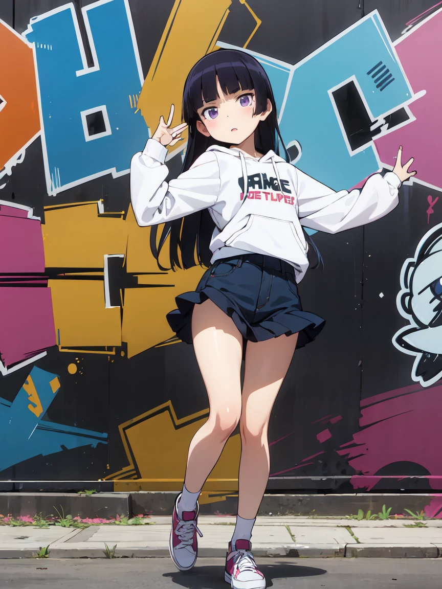 ((ruri gokou)), girl, alone, Hime cut, Black Hair, Mole under eye, long hair,  Hip Hop Dancer, Street dance,  Hip Hop Fashion, Oversized Hoodie, Buggy jeans, High Top Sneakers, Dance Moves, cool, Dynamic pose, masterpiece, Graffiti wall