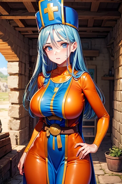 masterpiece, Highest quality,  Unreal Engine,  Super Resolution,  Very detailed, 

Beautiful woman, Dragon Quest Female Monk, long sky blue hair, Blue priest hat, Orange bodysuit, Mitra, Tabard, Elbow hand pockets, Vivid expression, Healthy Body, Beautifully detailed sweat glands, Smooth skin texture, Carefully drawn, 

(humidity:1.5), (Hot Temperatures:1.5), Beautiful Eyes, (Attractive face:1.2), (Beautiful Skin), Tight waist, (Big Breasts), Round Breasts, (Sticky with sweat), Irresistibly sexy pose, 

In the world of Dragon Quest, (Inside the cave where you can see magma), 