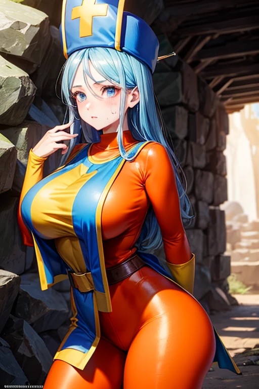 masterpiece, Highest quality,  Unreal Engine,  Super Resolution,  Very detailed, 

Beautiful woman, Dragon Quest Female Monk, long sky blue hair, Blue priest hat, Orange bodysuit, Mitra, Tabard, Elbow hand pockets, Vivid expression, Healthy Body, Beautifully detailed sweat glands, Smooth skin texture, Carefully drawn, 

(humidity:1.5), (Hot Temperatures:1.5), Beautiful Eyes, (Attractive face:1.2), (Beautiful Skin), Tight waist, (Big Breasts), Round Breasts, (Sticky with sweat), Irresistibly sexy pose, 

In the world of Dragon Quest, (Inside the cave where you can see magma), 