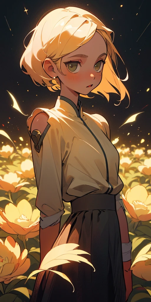 (best quality, masterpiece), 1 Girl, galaxy, flash, skirt, particle, wind, flower, Upper Body, Dark simple background, Looking at the audience, Blonde,