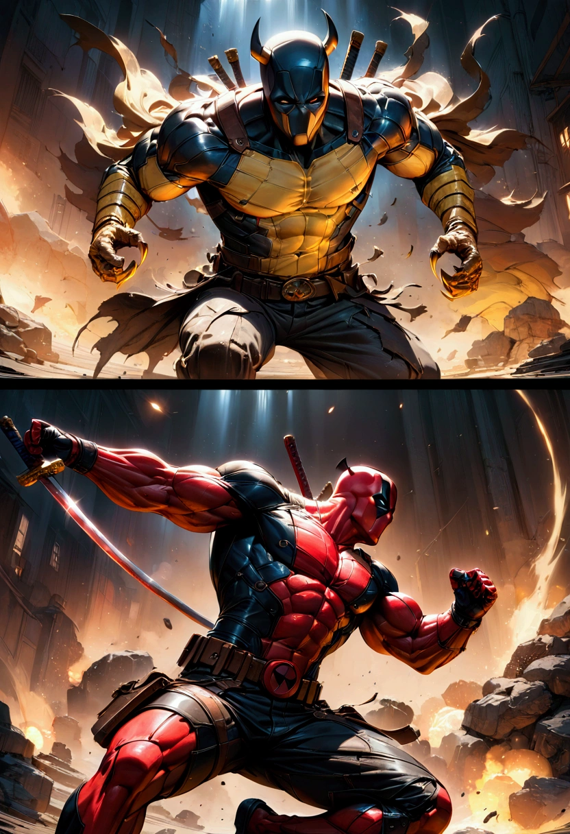 2boy, Deadpool & Wolverine, a muscular man in a red and black costume with swords, a shorter man with claws in a yellow and blue costume, fighting, dynamic action pose, cinematic lighting, hyper detailed, 4k, (8k,highres:1.2), ultra-detailed, HDR, UHD, studio lighting, ultra-fine painting, sharp focus, physically-based rendering, extreme detail description, professional, vivid colors, bokeh, comic book style, dynamic action scene, masterpiece, best quality, very aesthetic, absurdres