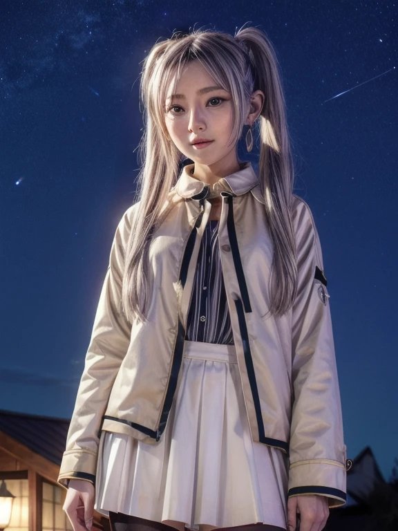 Sister, Night Background, {Masterpiece}, Best Quality, Illustration,, Single, {1 Girl}, {Beautiful Eye of Detail}, Beautiful Galaxy with Details, Sky with Details, Beautiful Water, Beautiful, {{Shorts}, Silver Hair, White Uniform, Long Sleeves, Long Hair, {{White Dungaree}}, Braided Ponytail, Bright Eyes, Bright Smile, {Eye Star} {Glittery Anime Eyes}, Blue Collar, Bright Stars,