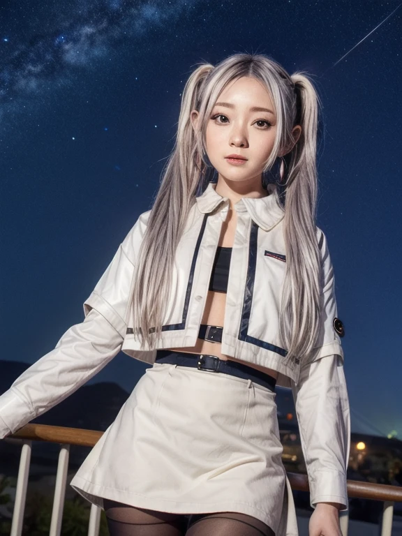 One girl,alone,Fairy,Gray Hair, Grey Hair, Earrings, Pointed Ears, Long Hair, ponytail, Green Eyes, Twin tails, Parted bangs, Thick eyebrows,
Capelet with collar, White capelet, Striped shirt, Long sleeve,Striped, White Skirt,
pantyhose,
Night Sky, performer, Milky Way, milky way,