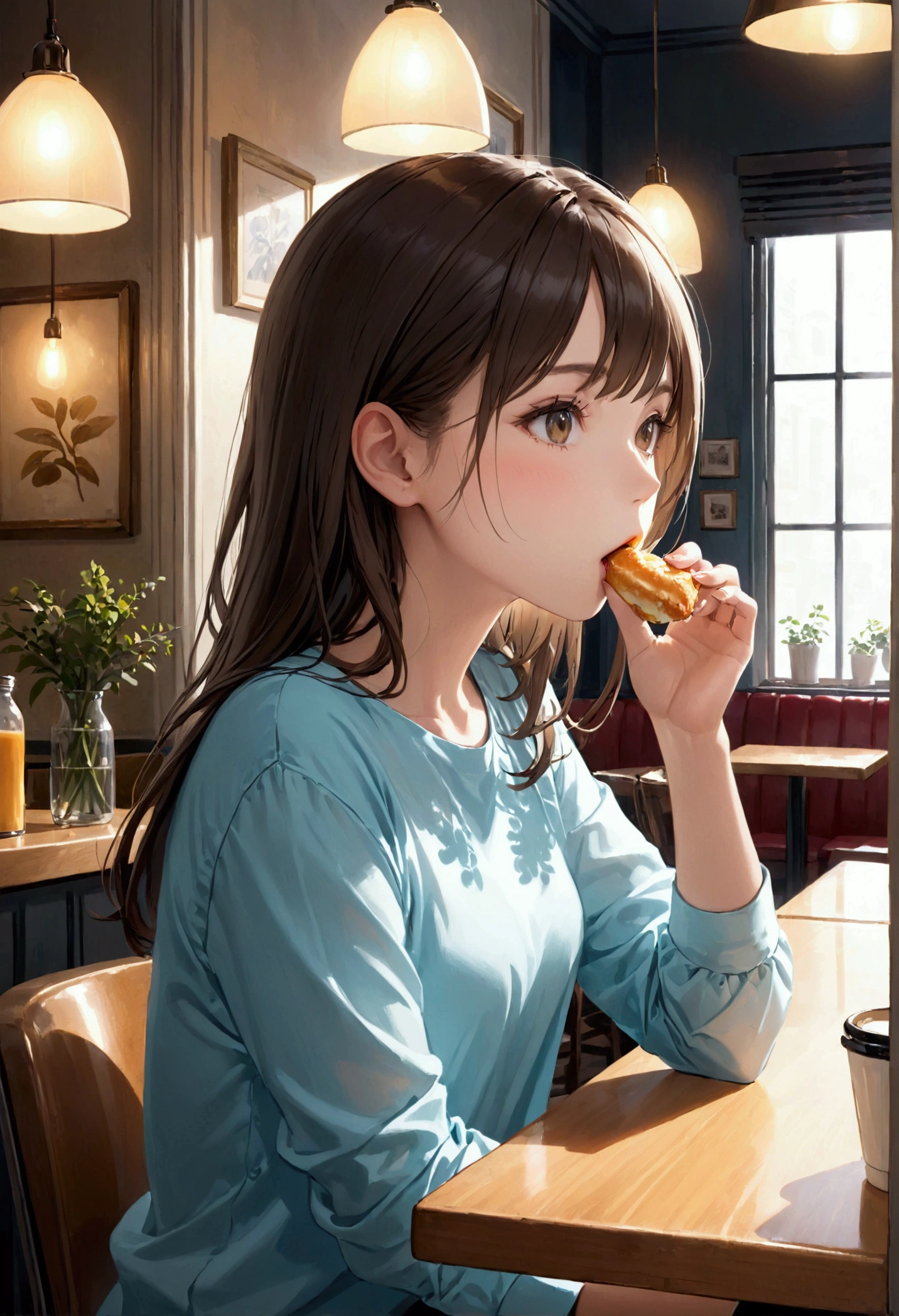 1girl, solo, eating, food_in_mouth, shirt, upper_body, Stylish cafe, sophisticated furniture, calm atmosphere, soft lighting,