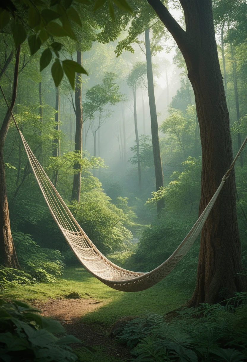 "Aerial view of a woman relaxing in a hanging hammock high up in the trees of a forest. The early morning light is just starting to illuminate the area as the sun rises, casting a warm glow on her peaceful face as she admires the picturesque natural landscape. Capture the serenity and tranquility of the moment, surrounded by lush greenery with hints of vibrant colors peeking through the leaves. Illustrated using a style that evokes the tone of calm and wonder, illustrated, scenic, cinematic, 3D render.((4K))