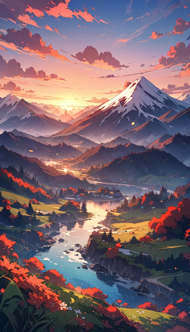 Sunset mountain landscape scence, red