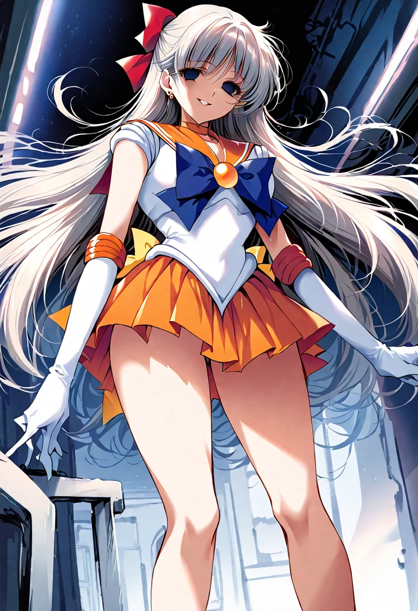 (masterpiece, Highest quality, so beautiful, Super detailed), Intricate details, 12k, Honestly,aavenus, long hair, blonde hair, hair bow, tiara, earrings, Blue eyes, orange choker, orange sailor collar, blue bow, white shirt, elbow gloves, white gloves, pleated skirt, Orange Skirt, bare legs, standing, Cowboy Shot,,(evil smile:1.2), 1girl,(Silver Hair:1.4),(empty eyes,:1.4),from below,looking dawn,dark aura,View your viewers,