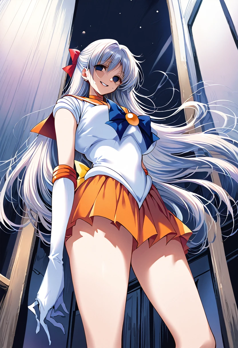 (masterpiece, Highest quality, so beautiful, Super detailed), Intricate details, 12k, Honestly,aavenus, long hair, blonde hair, hair bow, tiara, earrings, Blue eyes, orange choker, orange sailor collar, blue bow, white shirt, elbow gloves, white gloves, pleated skirt, Orange Skirt, bare legs, standing, Cowboy Shot,,(evil smile:1.2), 1girl,(Silver Hair:1.4),(empty eyes,:1.4),from below,looking dawn,dark aura,View your viewers,Big Breasts