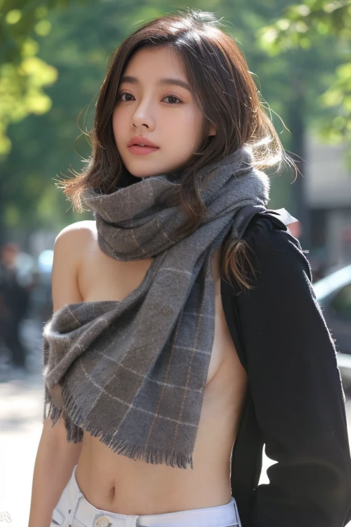 beautiful and attractive, 23-year-old Thai girl, 162-centimeter height, natural-ivory skin tone, (rounded-face), little-eyes, black eyes, (((Korean monolid-eyes))), (clear-detailed eyes), centered-focus eyes, natural-gloss full-lips, (straight long-bob haircut), ((gray and silver highlights on black hair)), (clear-detailed hairs), ((naked small-breasts)), hourglass-slim figure, narrow shoulders, long neck, slim waist, rich-detailed skin texture, skin detention, white crop-tops, high-waist blue skinny-denim, Cartier’s rose-gold love necklace, (clear rich-detailed necklace), (((too tight Parisian-scarf with a big-knot scarf tightly strangle neck and long-tail scarf behind back))), ((rich-detailed scarf texture)), (((linen-cotton ribbed beige-color scarf with scarf-knot and tail))), look up to viewer, best highly-details and quality, 8k, HD photo
