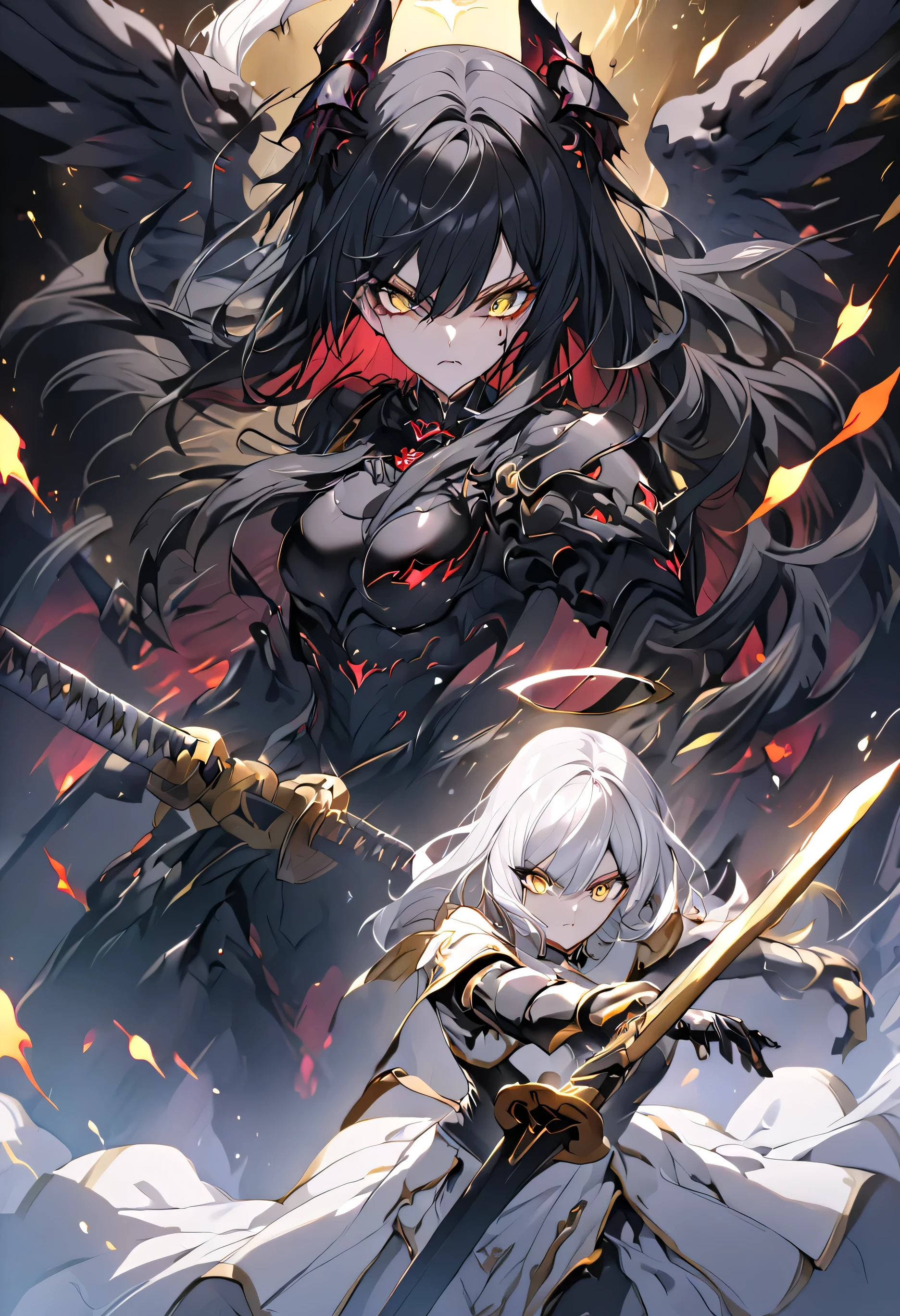Full HD,A beautiful woman in black armor with red eyes, long black hair with black demonic wings,fighting with swords with beautiful woman,with white armor with yellow eyes long white hair with angel wings