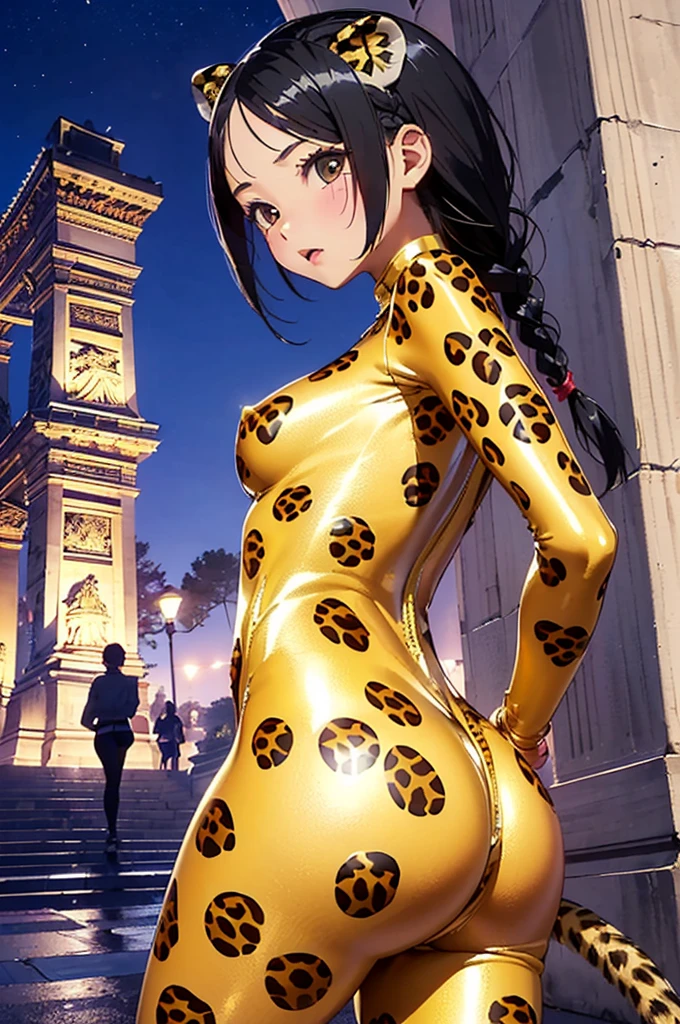 Hip Up Zoom((10 year old girl with braided black hair))Realistically、(Keep your head low、Emphasize the tail、Open and sexy look、Butt Emphasis、(((Wearing a shiny cheetah print bodysuit)))、Various sexy poses、background (Arc de Triomphe at night)