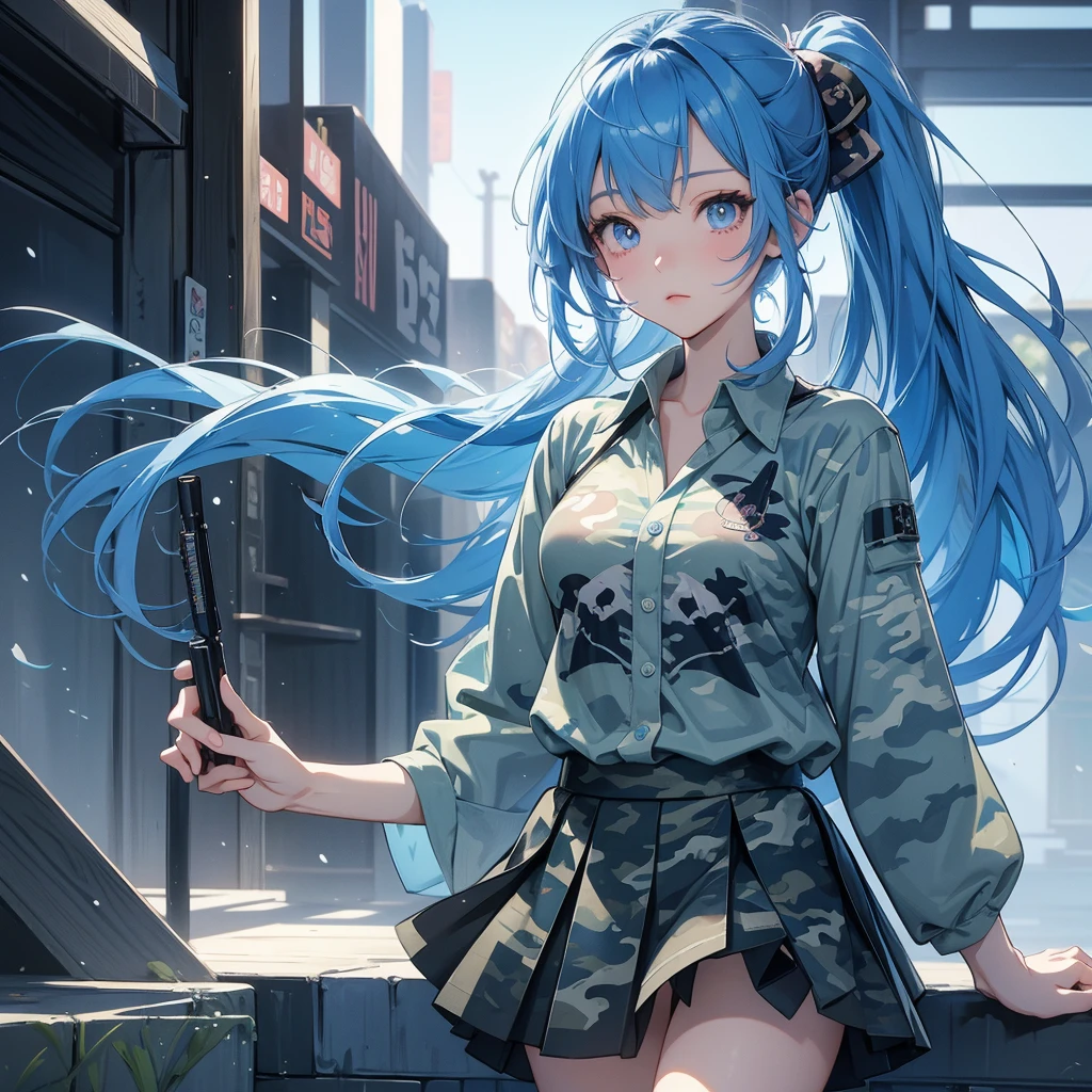 Blue Hair、Up ponytail、Anime girl in a camouflage skirt and camouflage shirt posing for a photo。Surreal、Surreal、Real、Anime Moe Art Style、Smooth anime CG art、真花honest、Beautiful anime school girl、honest、Cute girl anime visuals、Cute anime cat girl、Enchanting anime girl、From Girls Frontline