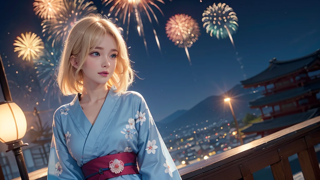8k,Beautiful single woman,blonde,Shortcuts,Perm,Blue Eyes,Summer Nights in Japan,Fantastic fireworks,Traditional Japan yukata,The theme color is blue