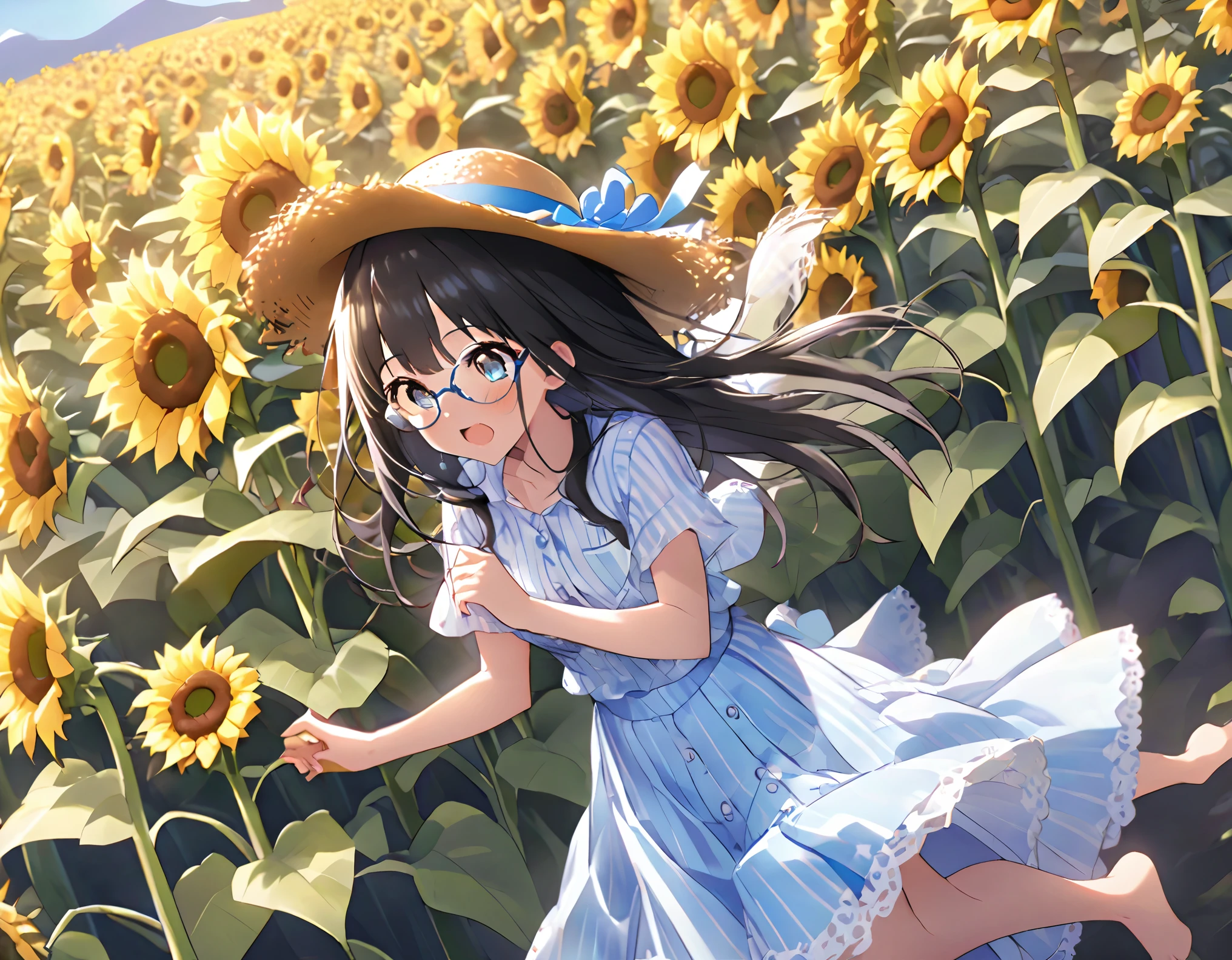 White and light blue striped shirt、She lifts her long light blue flared skirt with both hands to show her cute white underwear.、barefoot、Long Black Hair、Glasses、Straw hat、Sisters holding hands in a sunflower field