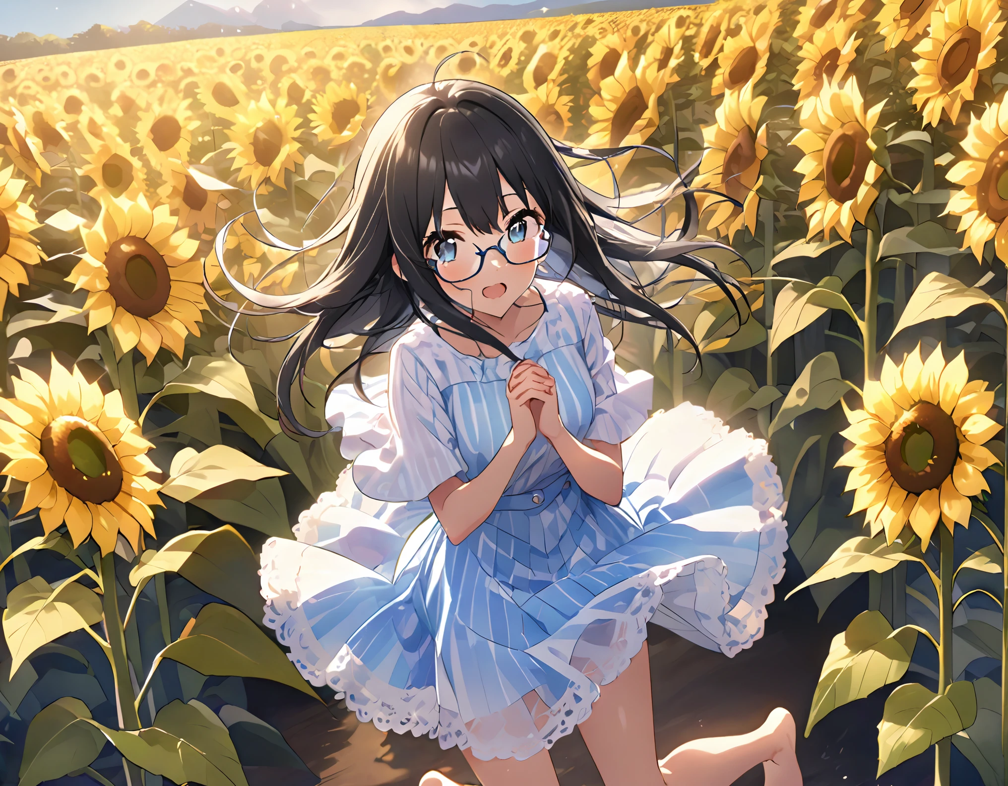 White and light blue striped shirt、She lifts her long light blue flared skirt with both hands to show her cute white underwear.、barefoot、Long Black Hair、Glasses、Straw hat、Sisters holding hands in a sunflower field