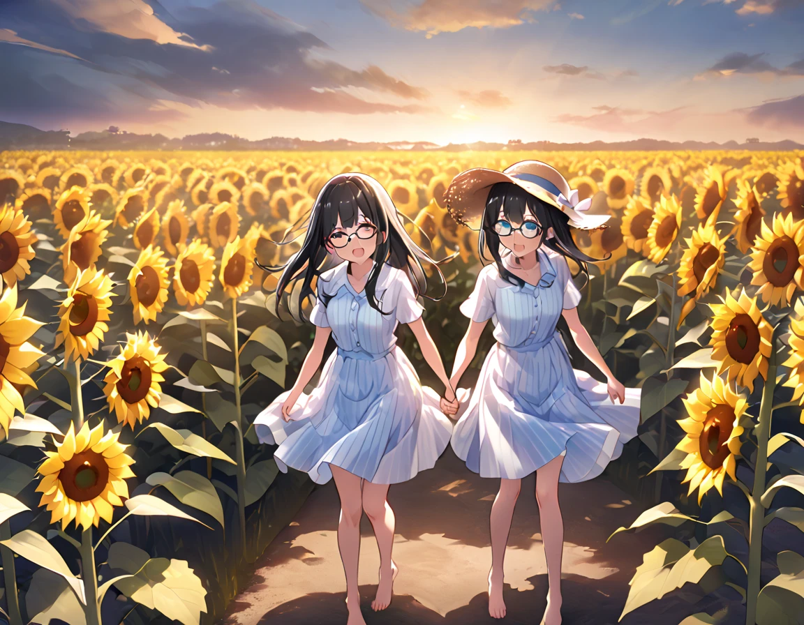 White and light blue striped shirt、She lifts her long light blue flared skirt with both hands to show her cute white underwear.、barefoot、Long Black Hair、Glasses、Straw hat、Sisters holding hands in a sunflower field