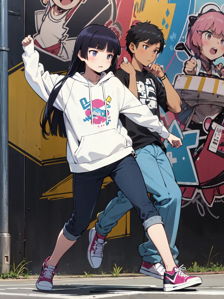 ((ruri gokou)), girl, alone, Hime cut, Black Hair, Mole under eye, long hair,  Hip Hop Dancer, Street dance,  Hip Hop Fashion, Oversized Hoodie, Buggy jeans, High Top Sneakers, Dance Moves, cool, Dynamic pose, masterpiece, Graffiti wall