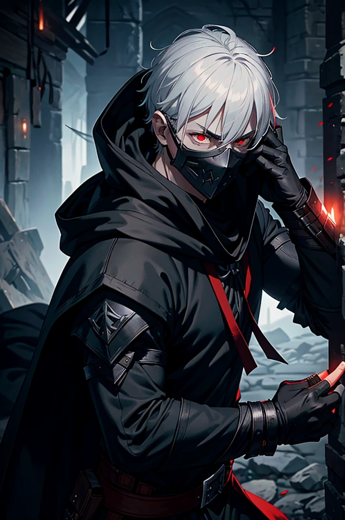 An assassin, male, fantasy character, physically strong, wearing a skull mask covering his face and eyes, dressed in black medieval attire, with a white hooded cloak over it, gray hair, short hair, red eyes, holding a dagger, nighttime background.