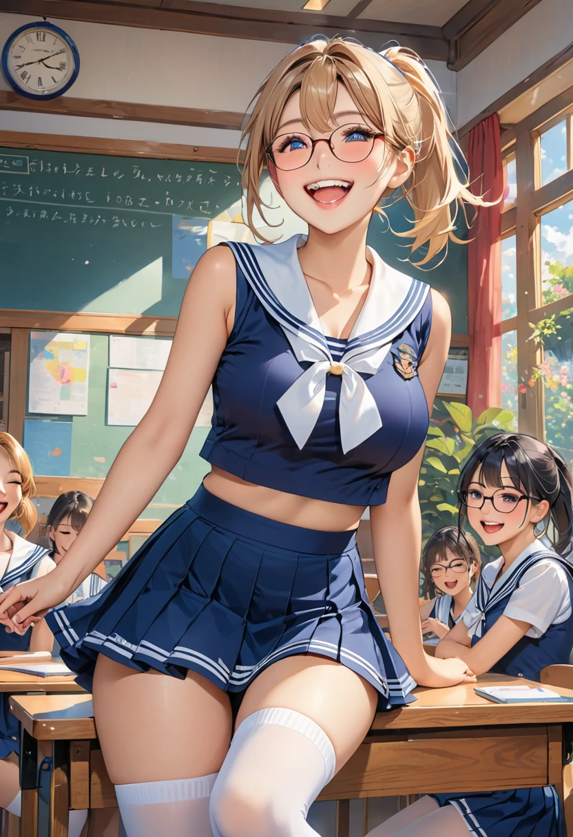 Highest quality、High resolution、Detailed Background、Artistic、mysterious、Beautiful face in every detail、age beauty、Huge breasts、Detailed facial expressions、Light-colored hair、ponytail、Bobcut、Perfect body line、Glasses、Navy blue sleeveless sailor suit、White sailor collar、Navy blue pleated skirt、White Stockings、A big smile、laughing、A fun atmosphere、
(Bottom view of two litttting at a desk in a classroom:1.5)、Emphasize cleavage、Show your side、cute