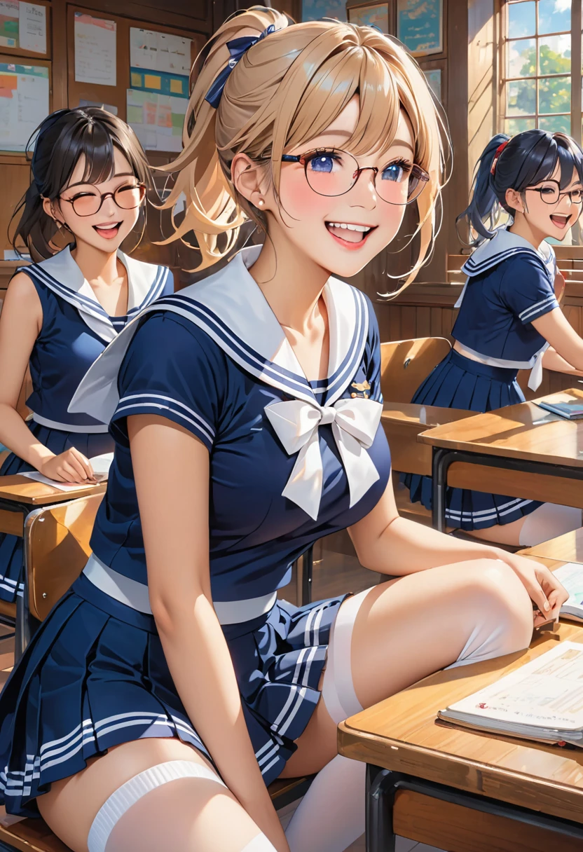 Highest quality、High resolution、Detailed Background、Artistic、mysterious、Beautiful face in every detail、Teenage beauty、Huge breasts、Detailed facial expressions、Light-colored hair、ponytail、Bobcut、Perfect body line、Glasses、Navy blue sleeveless sailor suit、White sailor collar、Navy blue pleated skirt、White Stockings、A big smile、laughing、A fun atmosphere、
(Bottom view of two little girls sitting at a desk in a classroom:1.5)、Emphasize cleavage、Show your side、cute