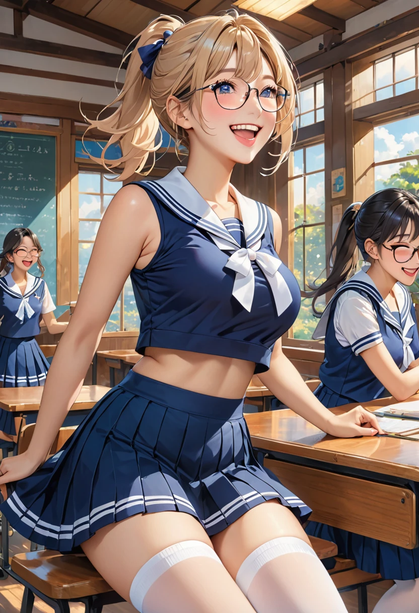 Highest quality、High resolution、Detailed Background、Artistic、mysterious、Beautiful face in every detail、Teenage beauty、Huge breasts、Detailed facial expressions、Light-colored hair、ponytail、Bobcut、Perfect body line、Glasses、Navy blue sleeveless sailor suit、White sailor collar、Navy blue pleated skirt、White Stockings、A big smile、laughing、A fun atmosphere、
(Bottom view of two little girls sitting at a desk in a classroom:1.5)、Emphasize cleavage、Show your side、cute