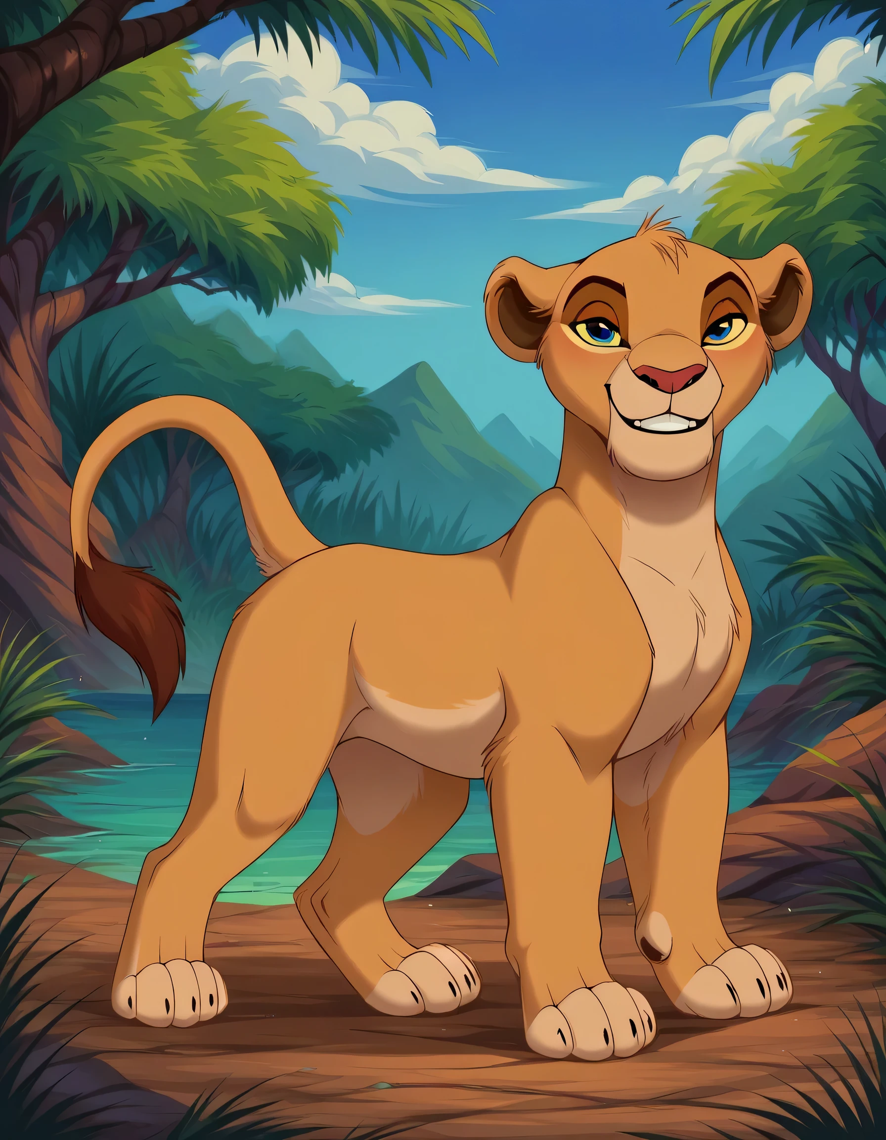 score_9, score_8_up, score_7_up, score_6_up, rating_safe, source_furry, disney, (the lion king:1.2), lioness, (young nala), nala, standing, solo, cute, feral, (4 toes), paws, (blue eyes:1.2), (lidded eyes:1.0), cub, (smile:0.3), open mouth, fang, white teeth, playful, looking at viewer, (dewclaw:0.5),, bedroom eyes, raised tail, solo