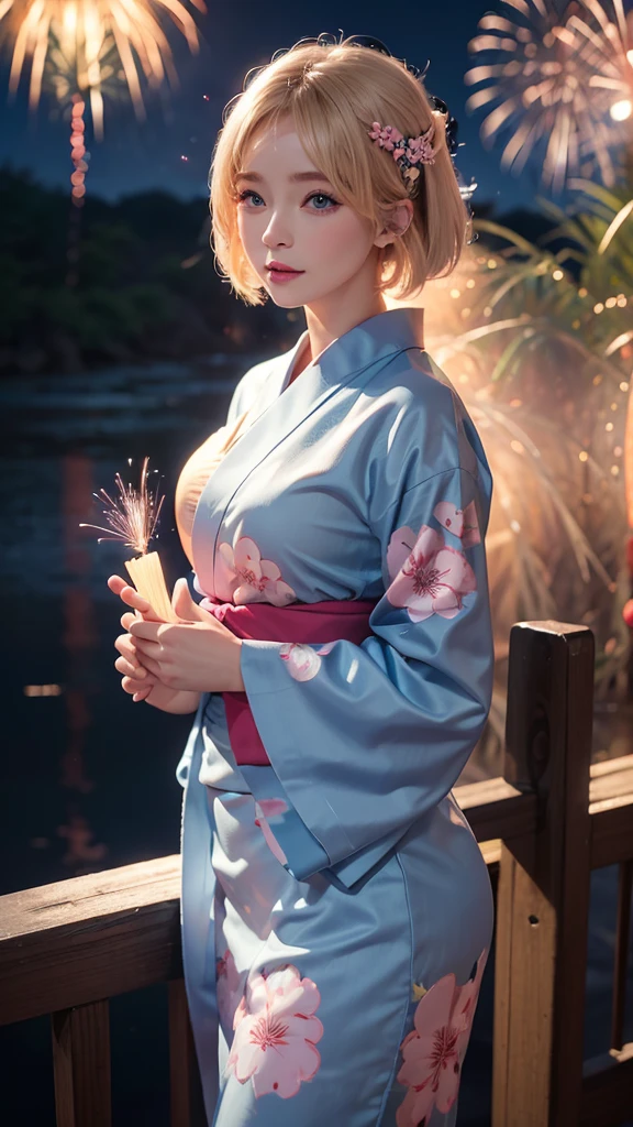 8k,Beautiful single woman，blonde，Shortcuts，Perm,Blue Eyes，Summer Nights in Japan，Fantastic fireworks，Traditional Japan yukata，The theme colors are blue and pink.