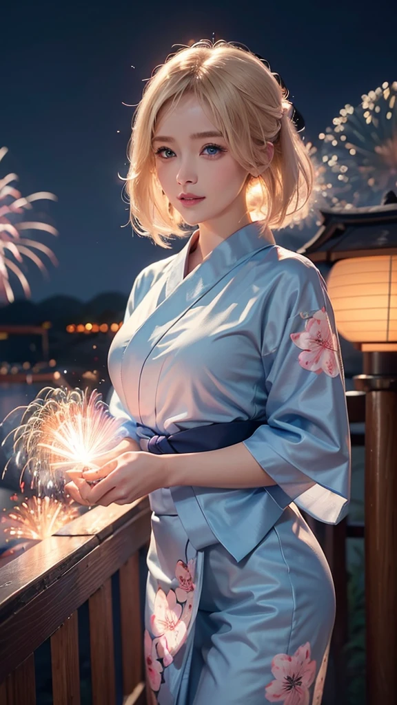8k,Beautiful single woman,blonde,Shortcuts,Perm,Blue Eyes,Summer Nights in Japan,Fantastic fireworks,Traditional Japan yukata,The theme colors are blue and pink.