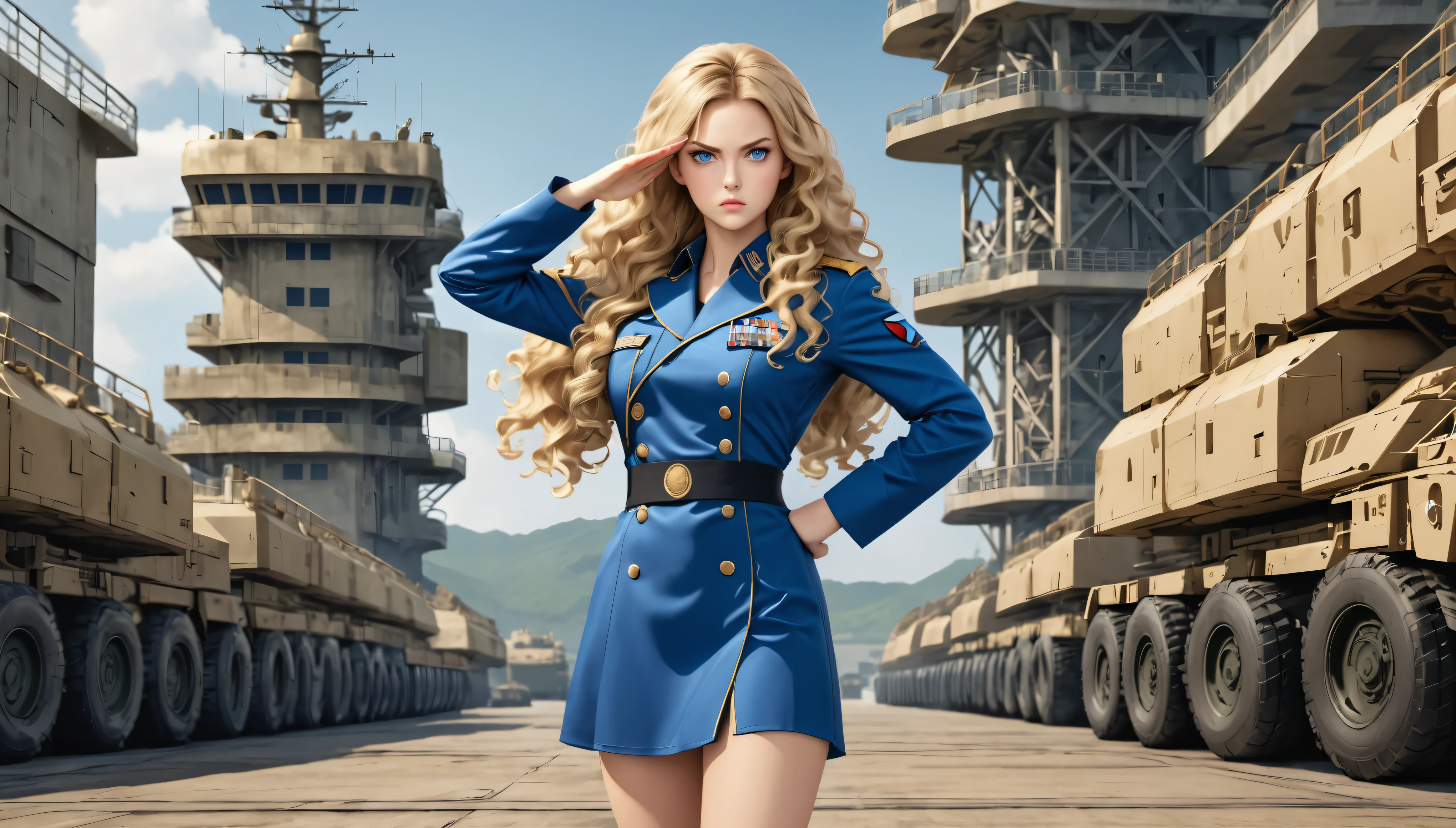 (young woman:1.4), (she wears a sexy militarydress:1.4), (full body shot:1.5), angry, (standing, salute:1.3), long blonde curly hair, (military base background:1.3), detailed skin texture, 24k resolution, highly detailed, (blue eyes:0.9), (natural front light:0.5)