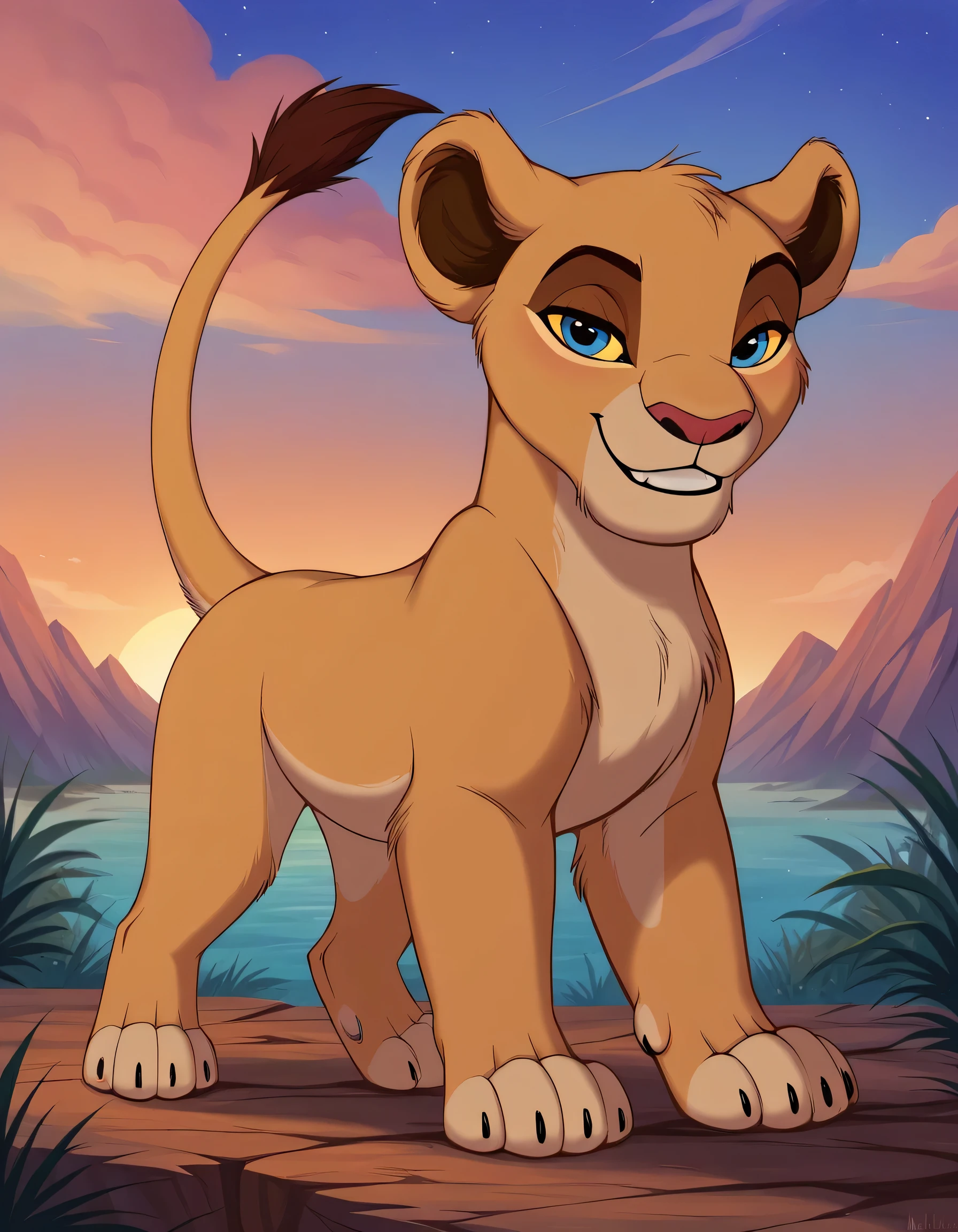 score_9, score_8_up, score_7_up, score_6_up, rating_safe, source_furry, disney, (the lion king:1.2), lioness, (young nala), nala, standing, solo, cute, feral, (4 toes), paws, (blue eyes:1.2), (lidded eyes:1.0), cub, (smile:0.3), open mouth, fang, white teeth, playful, looking at viewer, (dewclaw:0.5),, bedroom eyes, raised tail, solo