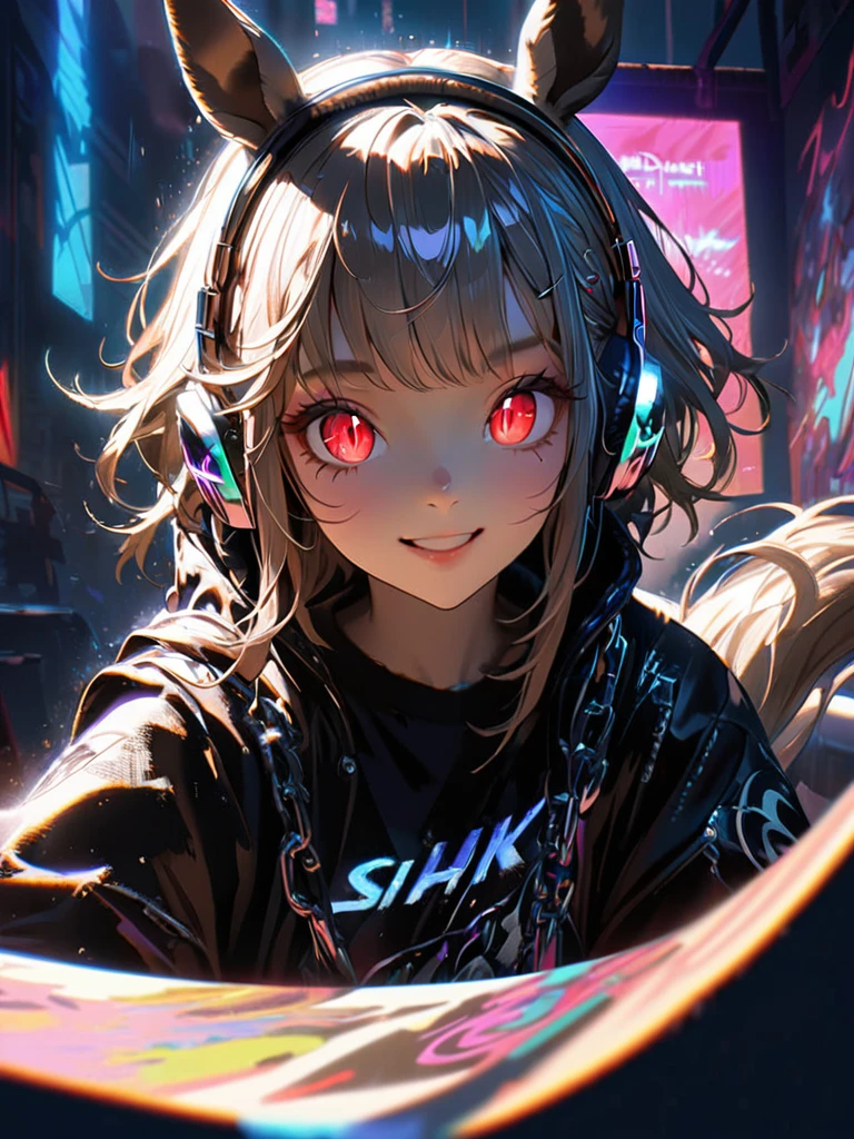1 girl, chromatic aberration, Written boundary depth, Soft Light, masterpiece, Highest quality, complicated, Tone Mapping, Very detailed, Art Station, Concept Art, Smooth, Clear focus, Dramatic lighting, Very detailed artwork, movie, super practical painting, Art Station's trending, 8k, Incredible Shadows, practical, (Very detailed background:1.0), whole body, View, Viewers, Very detailed portrait of one girl 1, standing on street corner, Heavy rain and lightning、Dark Sky, neon and cyber punk background, she is dressed in punk clothing with silver chains and silver spikes, Her hair was dyed light brown...，The middle part is black, She wears headphones, Detailed red eyes with clear pupils, Ominous aura of light, smile, punk, ciber punk, Backlight.Has horse ears、Has a horse tail,Approaching the horse.No headphones needed、More Horses