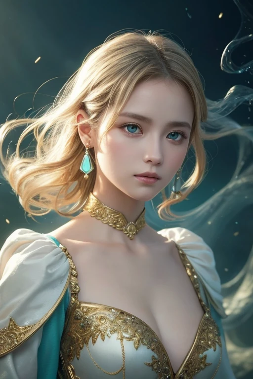 This is a realistic fantasy art piece featuring a realistic Goddess of Light, Beautiful fractal art,A faint swirl of smoke, And the beauty of a Nordic goddess々Her blonde hair flows dynamically, creating an interesting composition.。. Her face is expertly sculpted, Elegant and sophisticated features with perfect shading and realistic skin texture. Her upper body (Turquoise and gold eyes) is a wonderful thing、Her aura of light is the focal point of this image.. (Her eyes are extremely detailed, Beautiful attention to detail, macro). 彼女 eyes feature intricate detailing with clearly defined irises and bright sclera. She is wearing a long, skin-covering dress with a classic pattern.,Long sleeve,詳細で宝stoneで作られたドレス,soft lips are smooth and very puffy, Her skin is pale flushed and adorned with gorgeous classical patterns.. 彼女 long gown is stunning and expensive, Made of pure ice and shining light,光の中できらめく華やかな宝stone. 彼女 billowing gown glitters from the flames and features a delicately and intricately embroidered bodice with wisps of flames running across it. Include fantasy elements such as bumps, stone, iris, silk, And an interesting background. Include magical creatures such as birds and butterflies that give off a magical and mystical aura.. Lighting: Enhance your artwork with the latest lighting trends. camera: Use dynamic composition to create tension and excitement. Take inspiration from current masters of the fantasy genre, Including popular artists on Artstation and Midjourney. ((masterpiece))