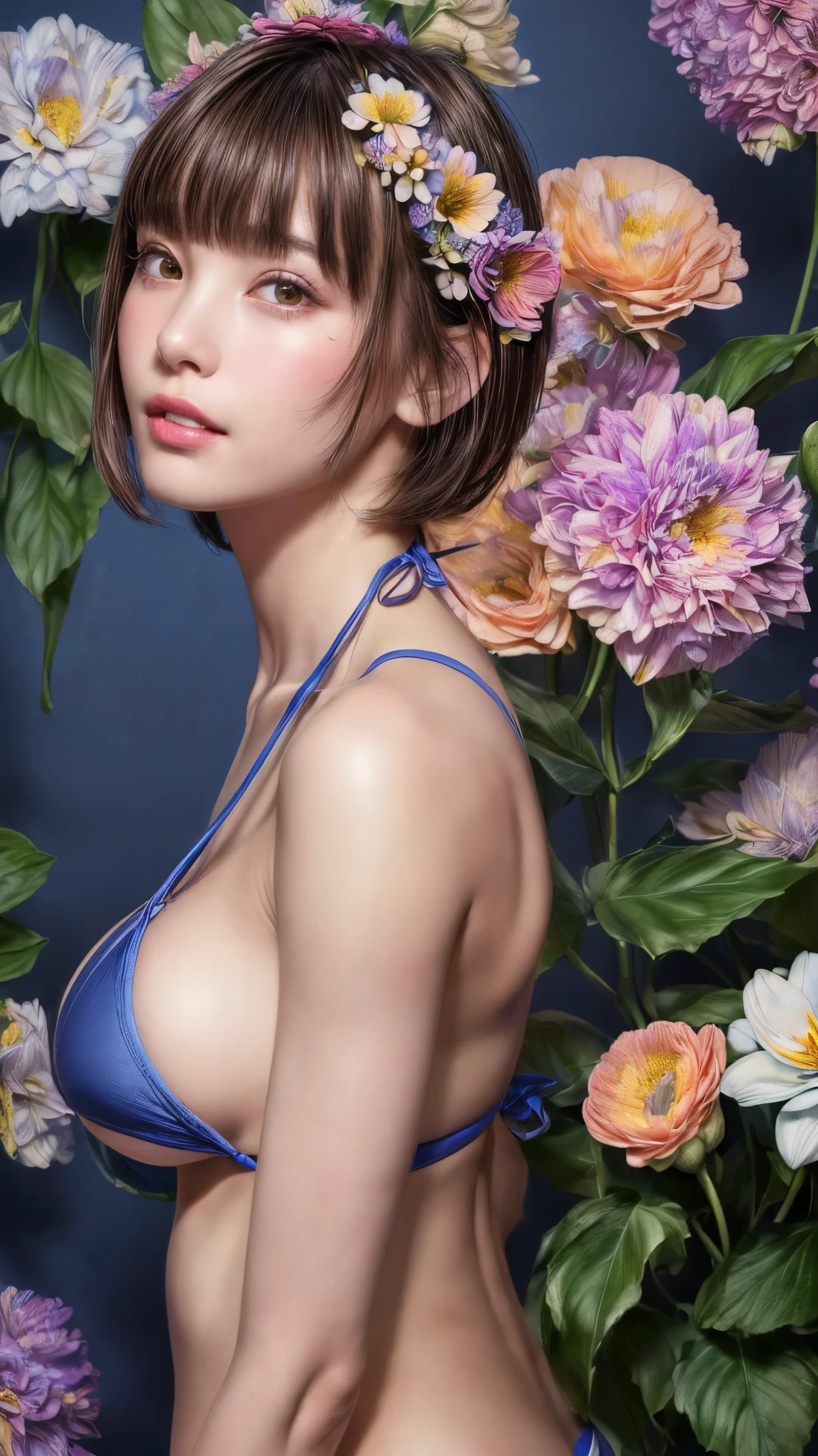 (Just Side View)、Show your side、Wear socks、Bite、((Super big breasts)), ((Blue Border Micro Bikini))、(((masterpiece, Highest quality)), 1 girl, (Realistic: 1.4), alone, navy background, Dark brown hair, ((blunt bangs))、hime_cut、Short Hair,smile、 ((whole body)), Very beautiful woman、Slender women、(Detailed face)、Realistic Skin、((Delicate photo)),(Girl Masterpiece RAW Photo Details:1.25), (Highest quality:1.6), (Ultra-high resolution:1.5), (Realistic:1.75),8k resolution, ,50mm,Absurd, Ultra-detailed,Cinema Lighting、((((Lots of flowers))))、(((Lots of flower art)))、Artwork、art、