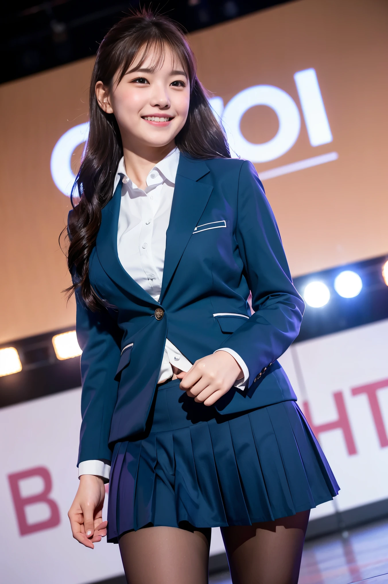 (8k), (highest quality: 1.2), (Realistic), (Realistic: 1.37), Ultra-high resolution, 1 girl, cute, (Embarrassed smile:1.2), (Blushing:1.4)Mouth closed, Beautiful details, Beautiful Nose, Wet Hair, Giant Dulcefo, pork, Thighs,Navel exposed,University Student Uniform,A simple スパンコール blazer,Pleated skirt,Platform boots,Dancing on the school stage,(Shiny Thighs:1.2),Medium Shot,(Thick thighs:1.2),Super Low Angle, natural pantyhose ,My whole body is wet with sweat,Dance vigorously,