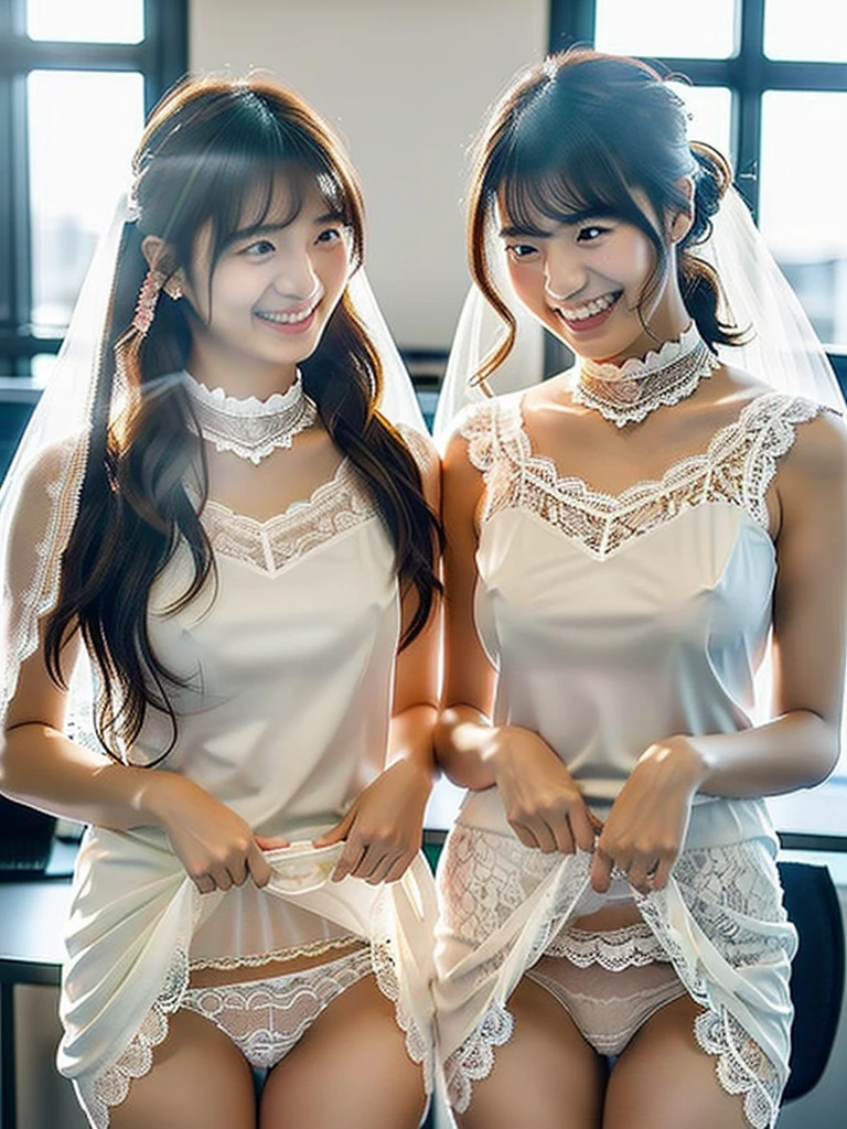 (A close-up photo of two Japanese idols), 20-years-old, (Both standing closely), in the office, (Both smiling), (Both looking at the camera), best quality, masterpiece, (Wearing white sheer lace bridesmaid-dress), (choker), (((Double eyelids))), Bangs down, earrings, ((Big beady eyes)), ((Both lifting up skirt and exposing panties))