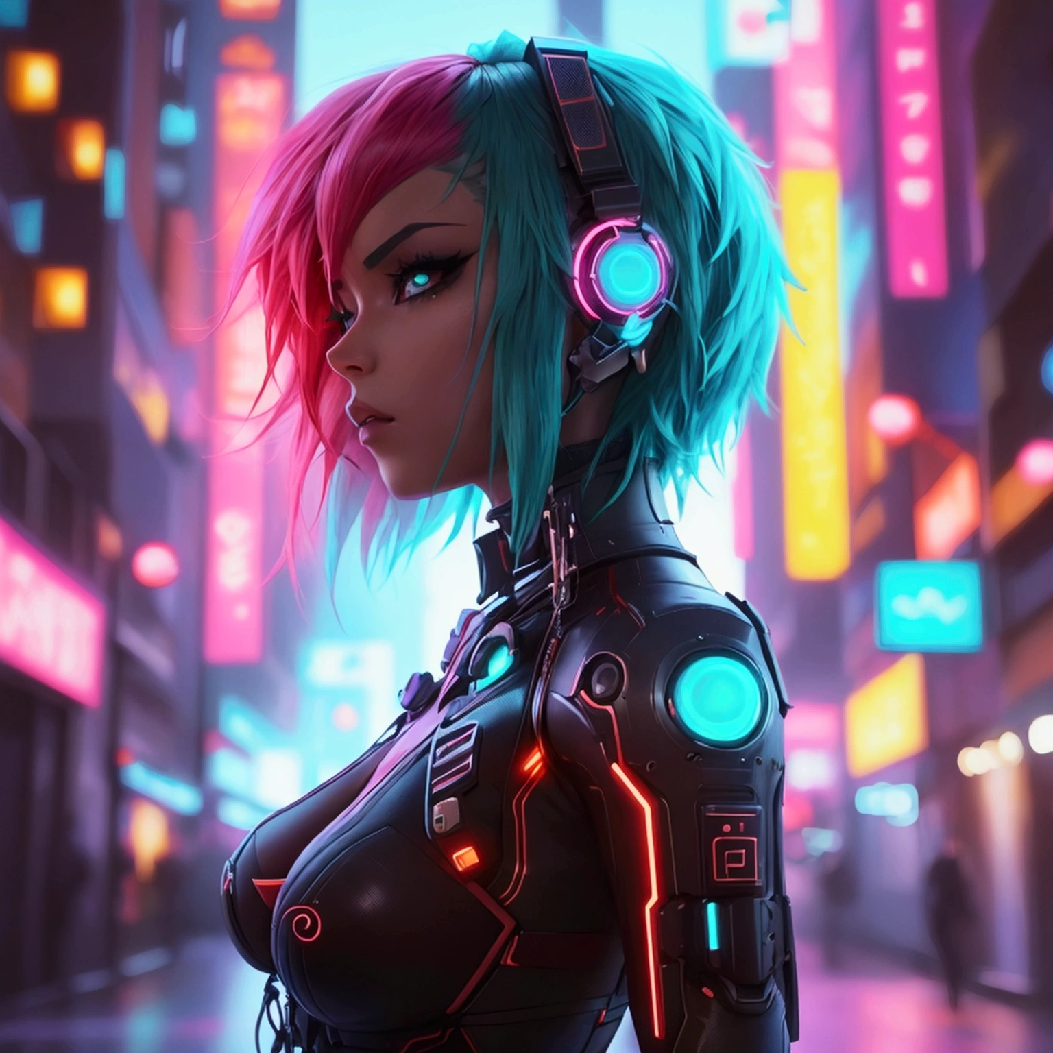 Create a high-quality digital artwork featuring a futuristic anime character. The character should have vibrant, neon-colored hair and attire with glowing tech accessories. Set the scene in a sleek, cyberpunk cityscape with towering skyscrapers and neon lights. Include intricate details and dynamic elements to highlight the character’s unique traits and advanced technology. The overall style should be modern and eye-catching, blending sci-fi aesthetics with anime flair. Ensure the character’s pose is striking and full of energy, reflecting a sense of motion and excitement.