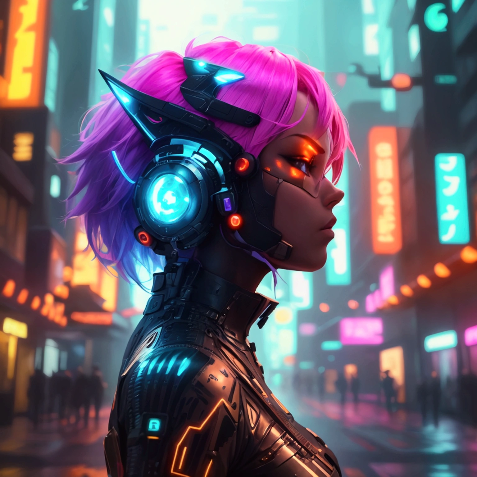 Create a high-quality digital artwork featuring a futuristic anime character. The character should have vibrant, neon-colored hair and attire with glowing tech accessories. Set the scene in a sleek, cyberpunk cityscape with towering skyscrapers and neon lights. Include intricate details and dynamic elements to highlight the character’s unique traits and advanced technology. The overall style should be modern and eye-catching, blending sci-fi aesthetics with anime flair. Ensure the character’s pose is striking and full of energy, reflecting a sense of motion and excitement.