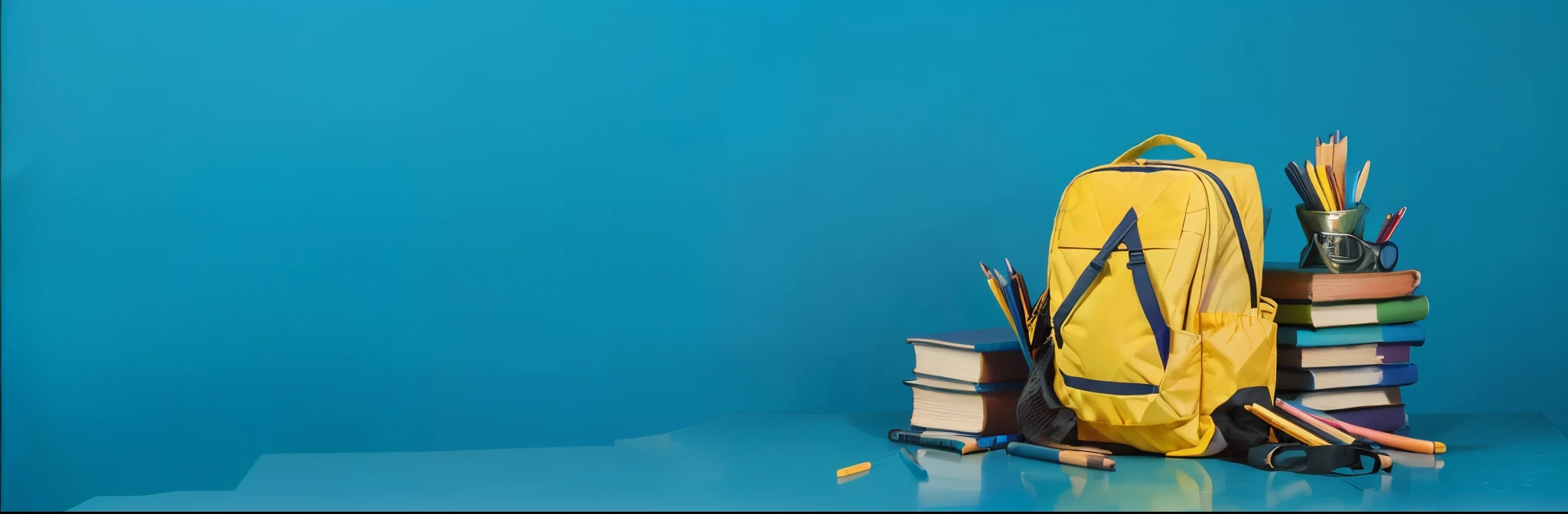 there is a yellow backpack with books and pencils on it, best on adobe stock, photo render, 3840 x 2160, 3840x2160, rendering, interesting background, blue background colour, classroom background, awesome greate composition, minimalistic background, detailed school background, busy background