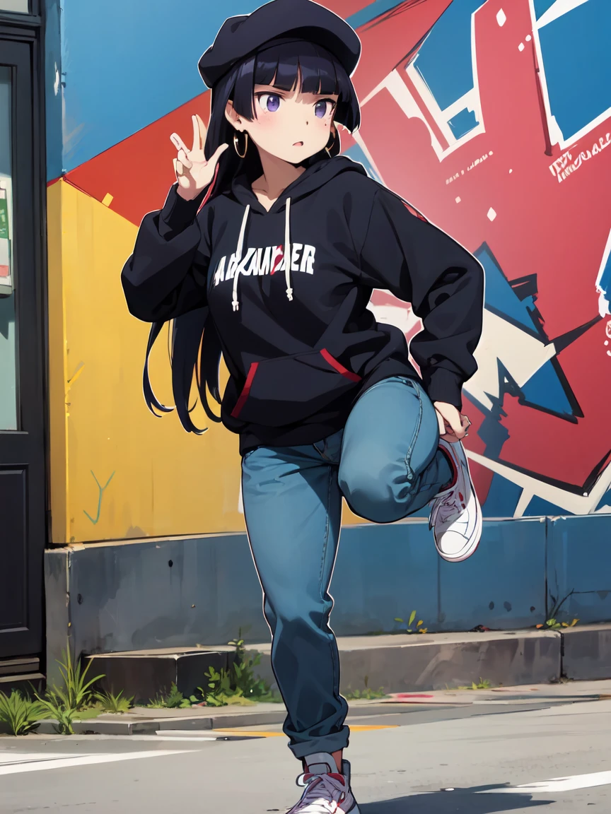 ((ruri gokou)), girl, alone, Hime cut, Black Hair, Mole under eye, long hair, Hip Hop Dancer, Street dance, Hip Hop Fashion, Oversized Hoodie, Buggy jeans, High Top Sneakers, big gold chain, cap, Large earrings, Dance Moves, cool, Dynamic pose, masterpiece, Graffiti wall