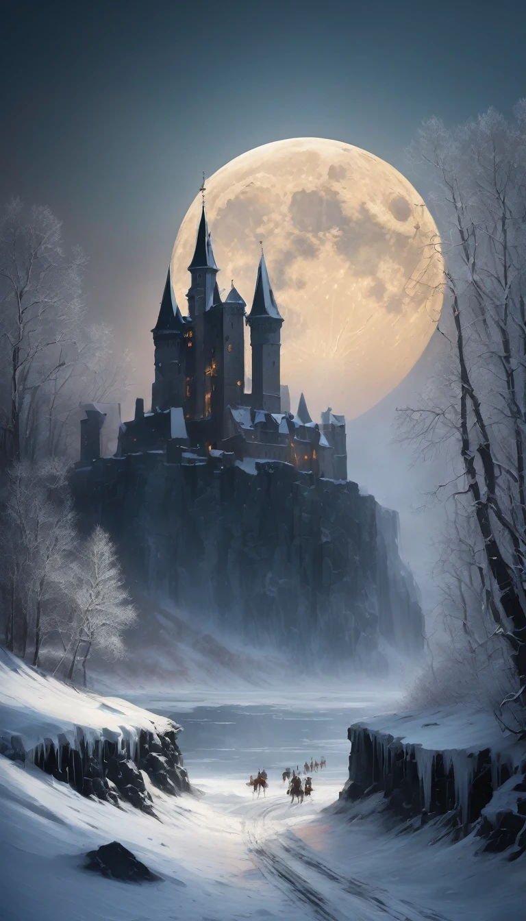 """"An ancient huge castle made of stone and ice 700 feet high, dilapidated, with crumbling towers of black stone against the background of a giant ice wall to the sky. The full moon illuminates the stage, casting long shadows. winter landscape, fog